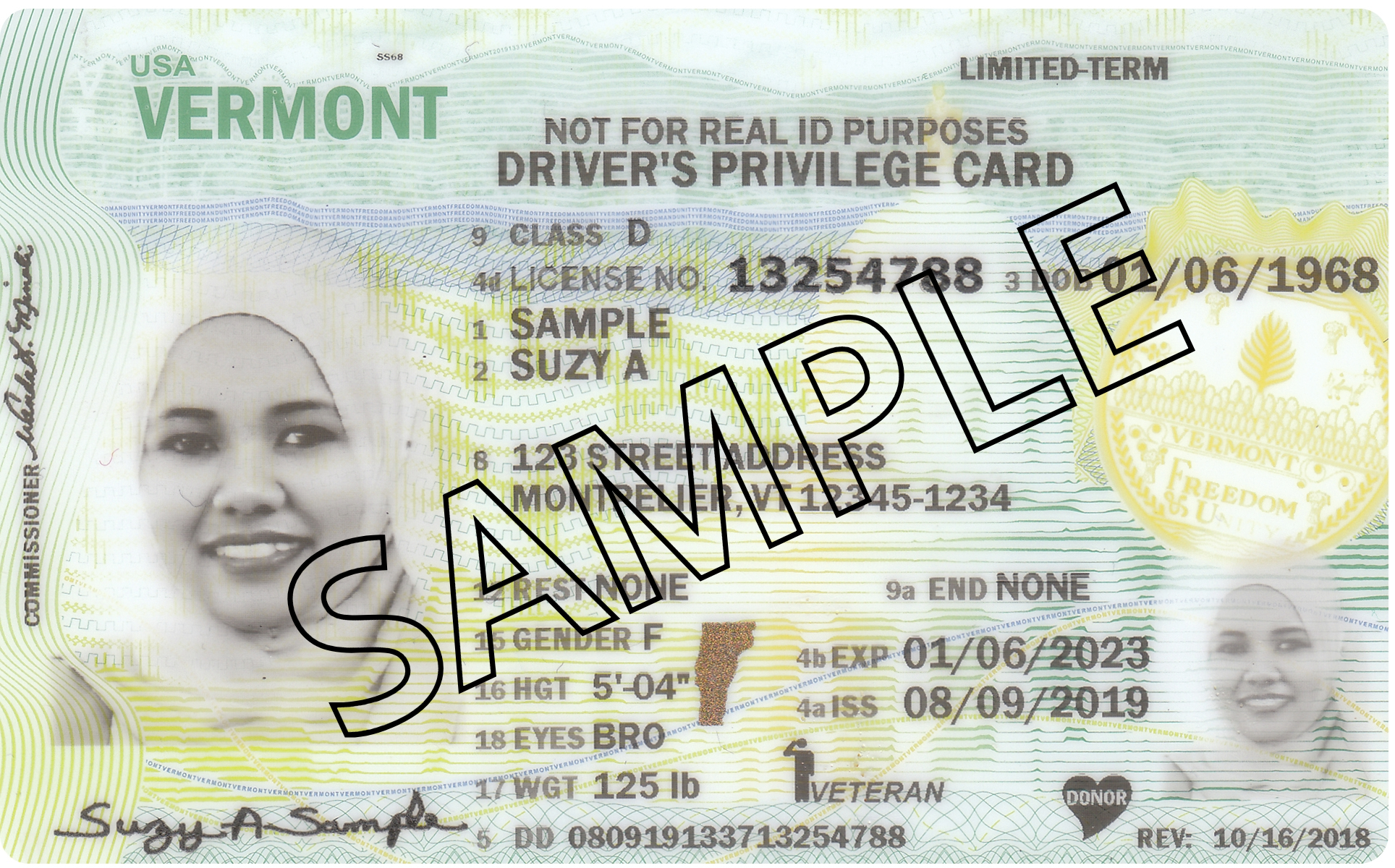 Example of a Driver's Privilege Card